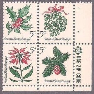 Scott# 1254-57 "CHRISTMAS HOLLY" ZIP BLOCK MNH, NICELY CENTERED