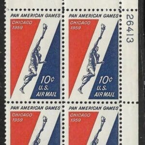 Scott# C56 "PAN AM GAMES" PLATE BLOCK (4) MNH, NICELY CENTERED