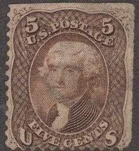 Scott# 76 "JEFFERSON" USED, TRIMMED AT BOTTOM, LITE CANCEL
