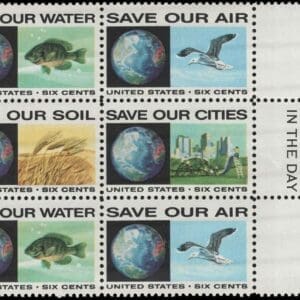 Scott# 1410-13 "ANTI-POLLUTION " SE-TENANT MAIL EARLY BLOCK (6) MNH