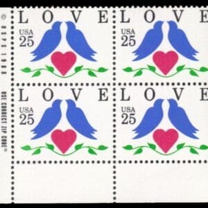 Scott# 2440 "LOVE - BIRDS" ZIP BLOCK (4) MNH, NICELY CENTERED