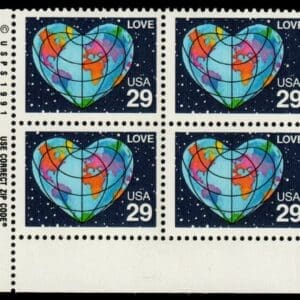 Scott# 2535 "LOVE-HEART SHAPED GLOBE" MNH ZIP BLOCK (4) NICELY CENTERED