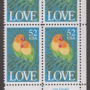 Scott# 2537 "LOVE BIRDS" ZIP BLOCK (4) MNH, NICELY CENTERED