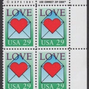 Scott# 2618 "LOVE - ENVELOPE & HEART" MNH ZIP BLOCK (4)