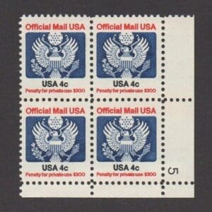 Scott# O128 "OFFICIAL MAIL" PLATE BLOCK (4) MNH, NICELY CENTERED