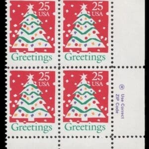 Scott# 2515 "CHRISTMAS TREE" MNH ZIP BLOCK (4) NICELY CENTERED