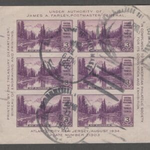 Scott# 750 "APS PHILATELIC EXPO-MOUNT RAINIER" SOUVENIR SHEET (6) USED WITH CDS CANCELS