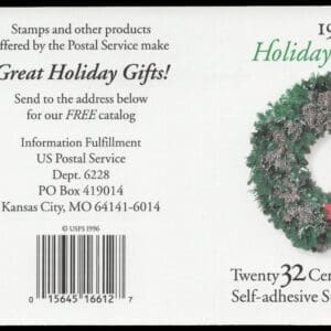 Scott# 3952E (3249-52) "CHRISTMAS WREATHS" BOOKLET PANE (20) MNH - Image 2