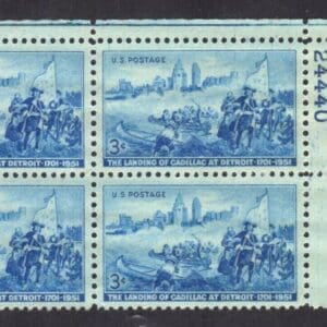 Scott# 1000 "THE LANDING OF CADILLAC" PLATE BLOCK (4) NICELY CENTERED