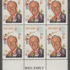 Scott# 1355 "WALT DISNEY" MAIL EARLY BLOCK (6) MNH, NICELY CENTERED