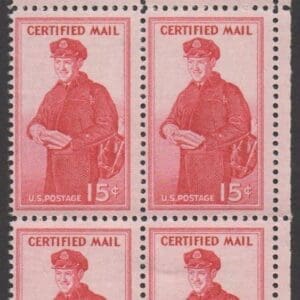 Scott# FA1 "CERTIFIED MAIL - LETTER CARRIER" PLATE BLOCK (4) MNH