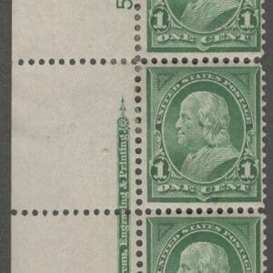 Scott# 279 "FRANKLIN" MINT INSCRIPTION/PLATE # 567 STRIP (3) NICELY CENTERED