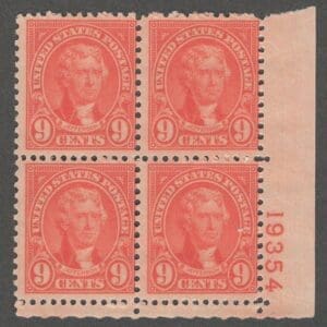 Scott# 641 "THOMAS JEFFERSON" PLATE BLOCK (4) MNH PLATE# 19354