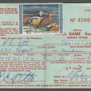 Scott# RW40 "DUCK STAMP"1973 "STELLERS EIDERS" USED ON WISCONSIN LICENSE