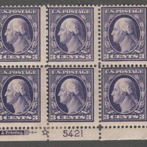 Scott# 376 "WASHINGTON" MINT TYPE I PLATE BLOCK (6) W/INSCRIPTION AND STAR