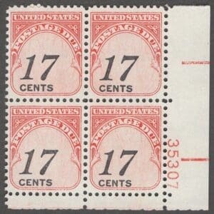 Scott# J104 "POSTAGE DUE" ROTARY MNH PLATE BLOCK (4) NICELY CENTERED