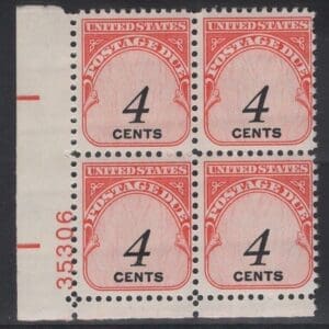 Scott# J92 "POSTAGE DUE" ROTARY MNH PLATE BLOCK (4) NICELY CENTERED