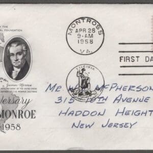Scott# 1105 "JAMES MONROE - PRESIDENT" ARTCRAFT FIRST DAY COVER