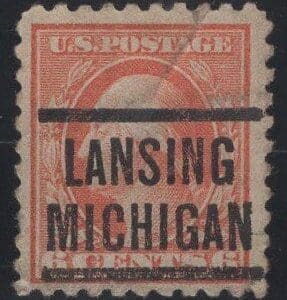 Scott# 468 "WASHINGTON" USED FLAT PLATE PERF 10, LANSING MI PRECANCEL