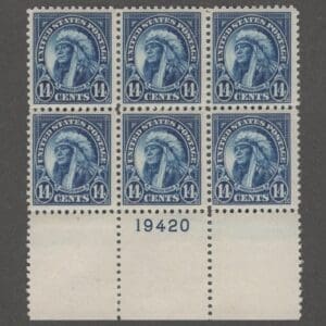 Scott# 565 "AMERICAN INDIAN" PLATE BLOCK (6) MNH, NICELY CENTERED