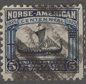 Scott# 621"NORSE AMERICAN ISSUE" USED, BAR GRID CANCEL, CENTERLINE at RIGHT
