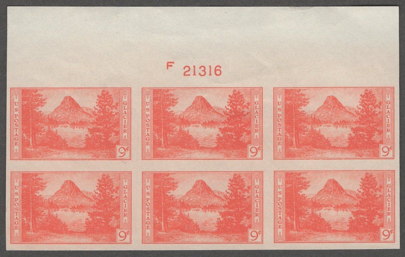 Scott# 764 "GLACIER PARK-NAT'L PARKS" IMPERF TOP PLATE BLOCK (6) P# 21316, CHOICE