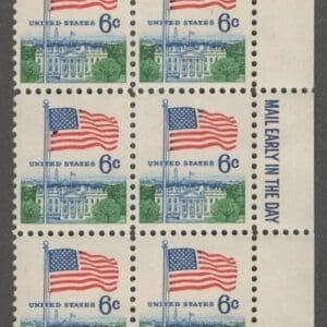 Scott# 1338 "FLAG & WHITE HOUSE" GIORI PRESS MAIL EARLY BLOCK (6) MNH