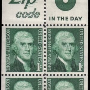Scott# 1278b "THOMAS JEFFERSON" BOOKLET PANE (4) + ZIP & MAIL EARLY LABELS