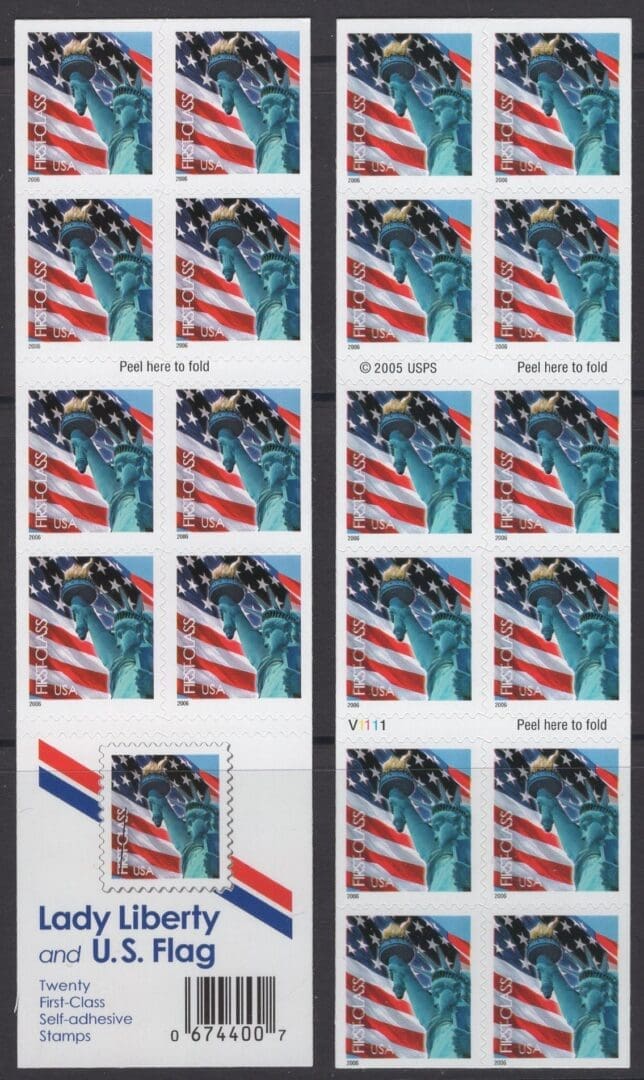 Scott# 3972a "LADY LIBERTY & FLAG" MNH 2 SIDED BOOKLET PANE (20) P# V1111