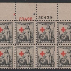 Scott# 702 "RED CROSS" TOP PLATE BLOCK (8) MNH, NICELY CENTERED