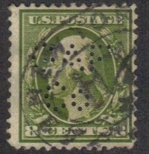 Scott# 380 "WASHINGTON" USED, GAF CO. PERFIN & DOUBLE OVAL CANCEL