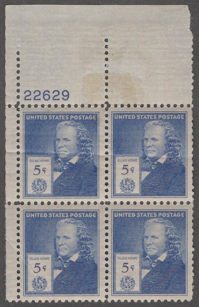 Scott# 892 "ELIAS HOWE-FAMOUS AMERICAN INVENTORS" PLATE BLOCK (4) * SEE DETAILS *