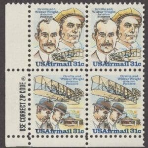 Scott# C91-92 "WRIGHT BROTHERS" MNH SE-TENANT ZIP BLOCK (4)