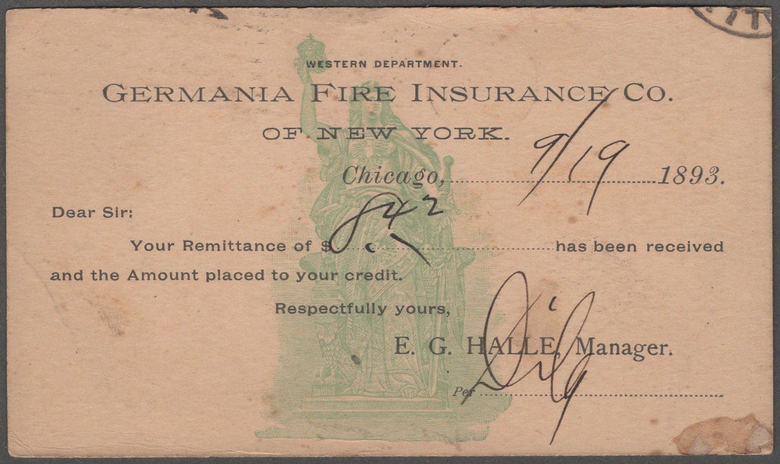 Scott# UX9 "COMMERCIAL POST CARD - GERMANIA FIRE INSURANCE CO. NEW YORK" - Image 2