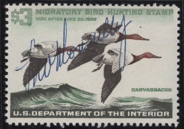 Scott# RW32 "DUCK STAMP" 1965 "CANVASBACK DUCKS" USED, RICH COLOR
