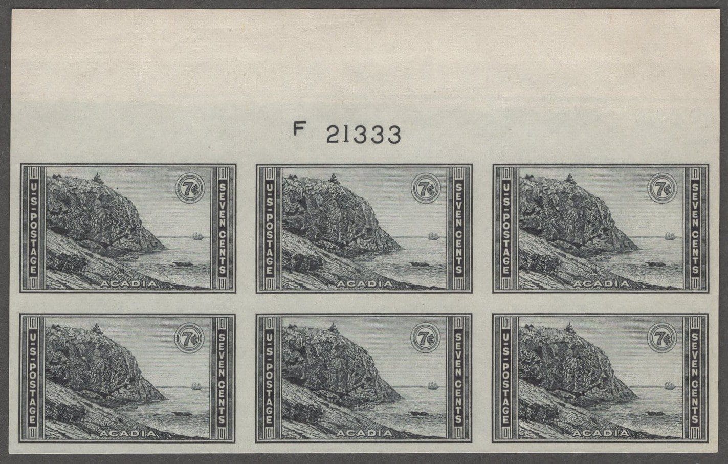 Scott# 762 "ACADIA-NATIONAL PARKS" IMPERFORATE TOP PLATE BLOCK (6)MINT