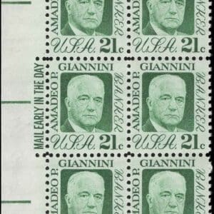 Scott# 1400 "A.P. GIANNINI" MAIL EARLY BLOCK (6) MNH, NICELY CENTERED