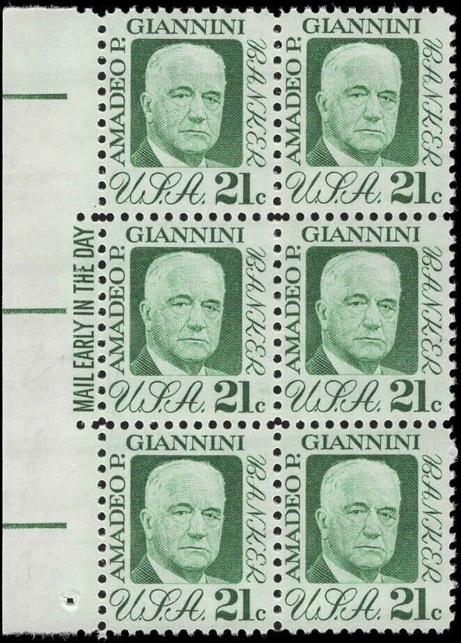 Scott# 1400 "A.P. GIANNINI" MAIL EARLY BLOCK (6) MNH, NICELY CENTERED
