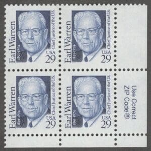Scott# 2184 "EARL WARREN - CHIEF JUSTICE" ZIP BLOCK (4) MNH