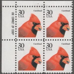 Scott# 2480 "CARDINAL" MNH ZIP BLOCK (4) * SEE DETAILS *