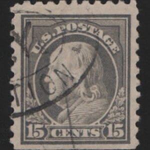 Scott# 437 FRANKLIN PERF 10 SLWMK, USED SINGLE, DBL OVAL CANCEL