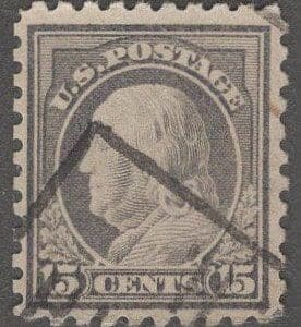 Scott# 475 FRANKLIN PERF 10 NO WMK, BOX CANCEL, NICELY CENTERED