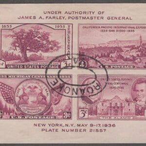 Scott# 778 "TIPEX" SOUVENIR SHEET USED, ROANOKE VA DBL OVAL CANCEL