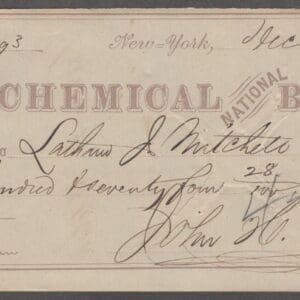 Scott# R15c REVENUE on N.Y. CHEMICAL NAT'L BANK CHECK DEC 19TH 1867 DEPOSIT CANCEL