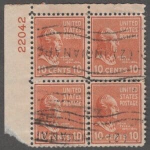 Scott# 815 "JOHN TYLER" PLATE BLOCK (4) WITH INDIANAPOLIS IN. LOCAL CANCEL
