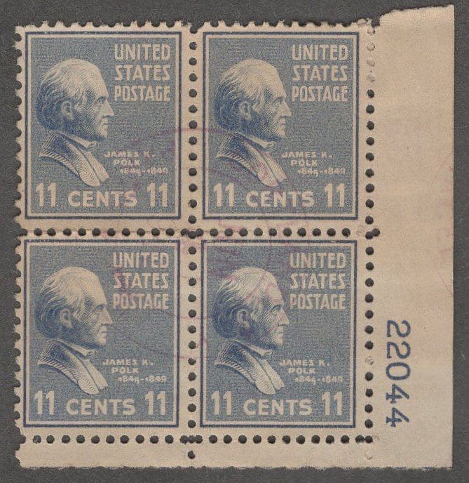 Scott# 816 "JAMES POLK" USED PLATE BLOCK (4) WITH A COLORADO REGISTRATION CANCEL