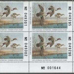 Scott# LA02a "1990 LOUISIANA NON-RESIDENT STATE DUCK" MNH PLATE BLOCK (4)