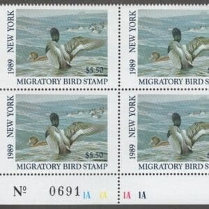 Scott# NY5 "1989 NEW YORK STATE DUCK" MNH PLATE BLOCK (4) BELOW FACE VALUE