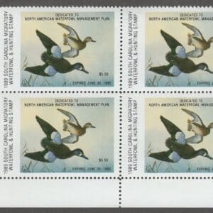Scott# SC9 "1989 SOUTH CAROLINA STATE DUCK" MNH PLATE BLOCK (4)