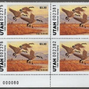 Scott# UT5 "1990 UTAH STATE DUCK" PLATE BLOCK (4) MNH, NICELY CENTERED
